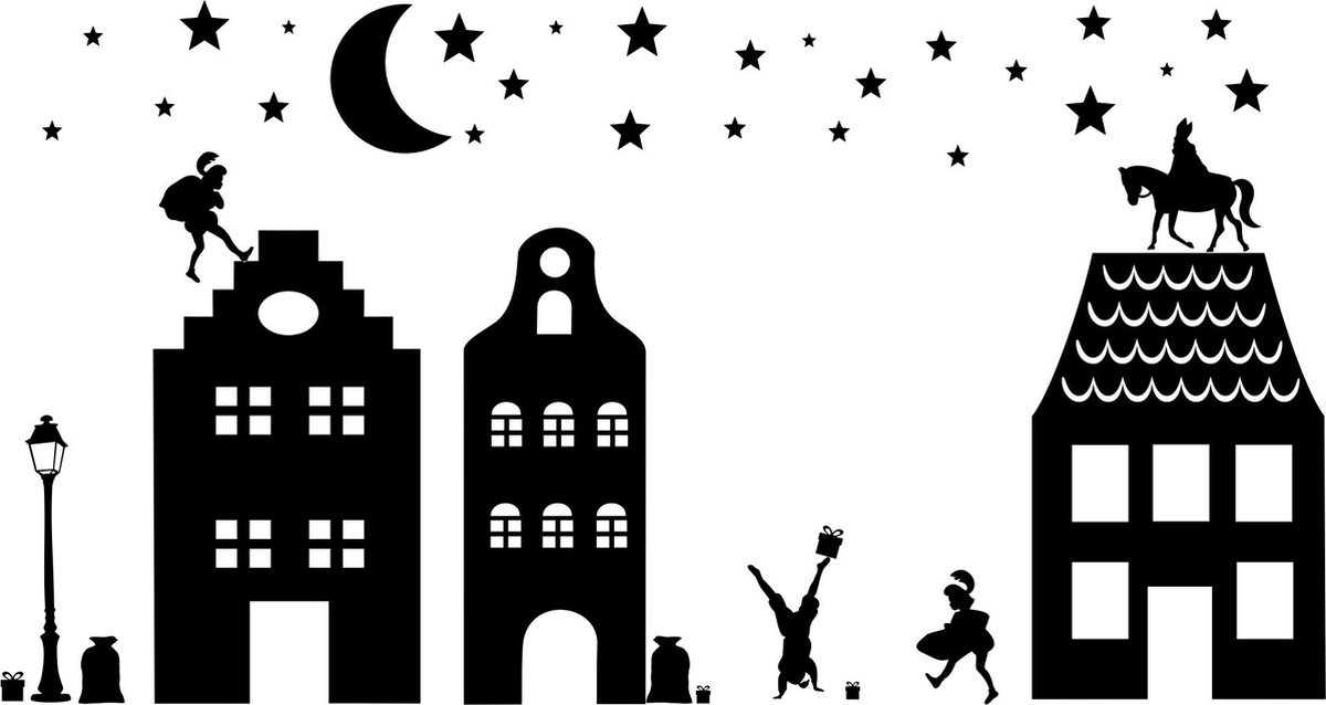 Raamsticker sint herbruikbaar | raamdecoratie sinterklaas | huisjes | statisch | zwart